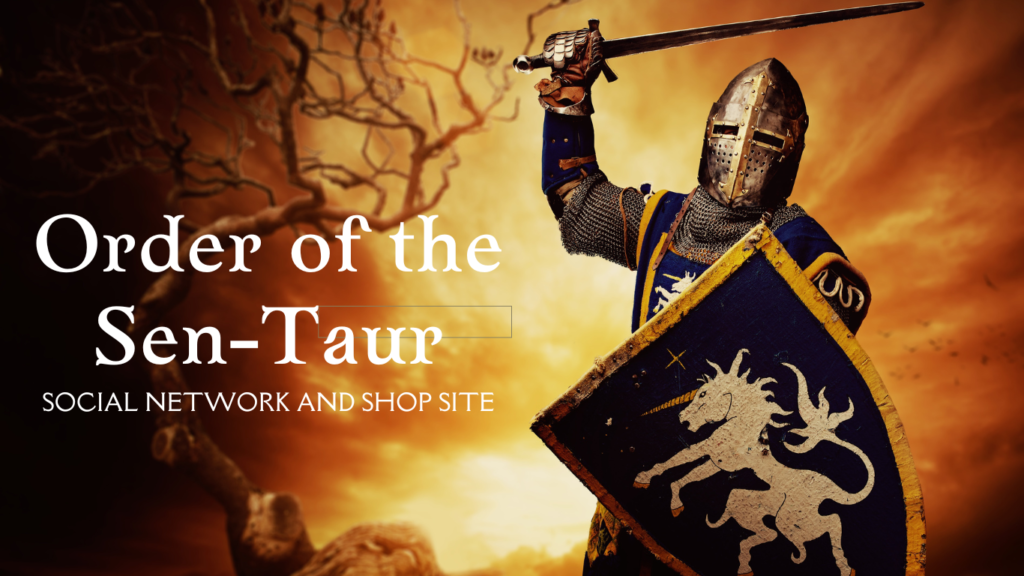 order of the sen-taur social network and shop site. image of a knight with a raised sword and shield with a unicorn rampant.