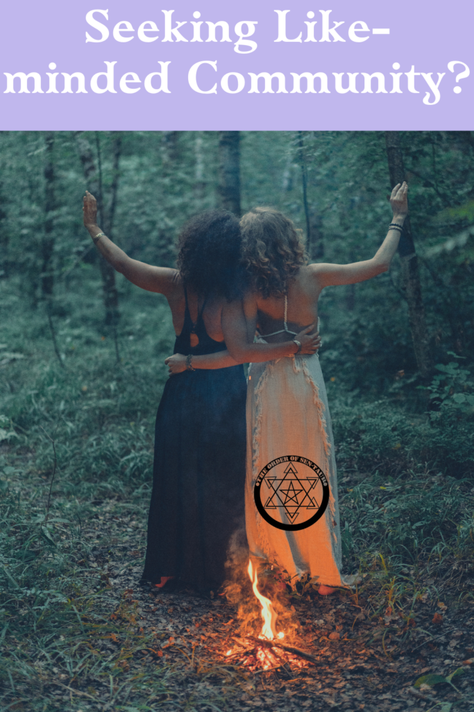 Are you seeking like-minded pagan, occult, witchy, wicca, magickal community like these two witch boho women singing to the trees in an ancient forest.